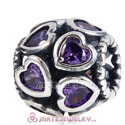 European Style Sterling Silver Love All Around Beads with Purple CZ Stone