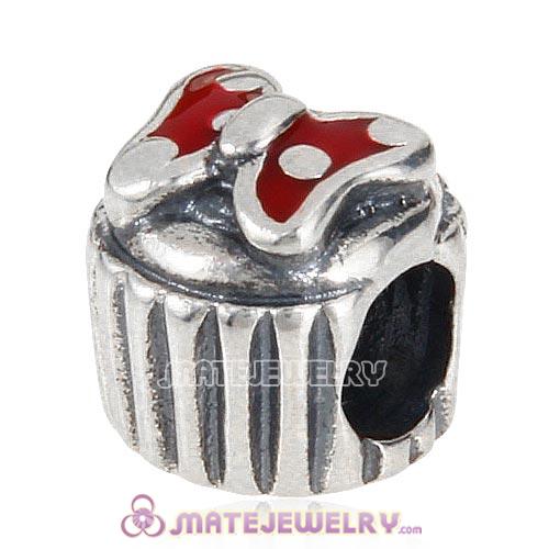 Antique Sterling Silver Cupcake Bead with Red Enamel Bowknot Charm Beads