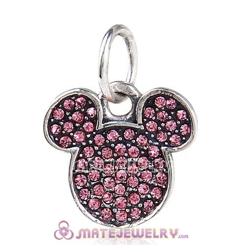 European Sterling Silver Dangle Sparkling Mickey Charm Pave with Light Rose Austrian Crystal