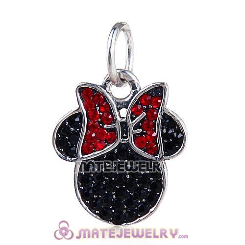 Sterling Silver Dangle Minnie Icon Charm Pave Jet Austrian Crystal with Red Bowknot