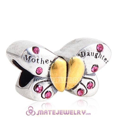 Sterling Silver Mother Daughter Butterfly Beads with Rose Austrian Crystal