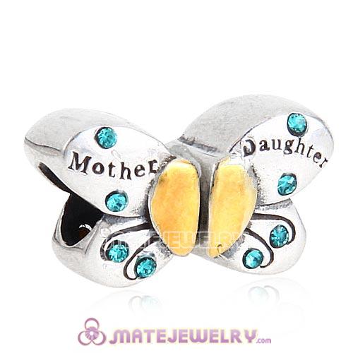 Sterling Silver Mother Daughter Butterfly Beads with Blue Zircon Austrian Crystal