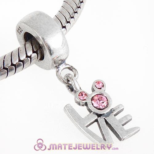 925 Sterling Silver Dangle Love Mickey Charm with Light Rose Austrian Crystal