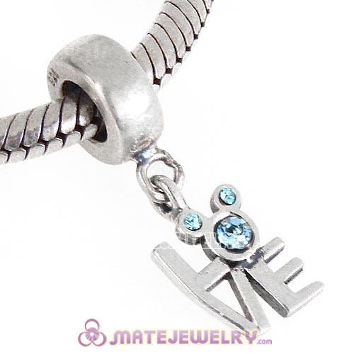 925 Sterling Silver Dangle Love Mickey Charm with Aquamarine Austrian Crystal