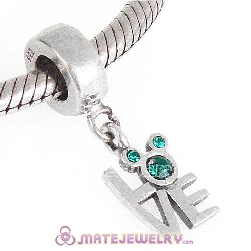 925 Sterling Silver Dangle Love Mickey Charm with Emerald Austrian Crystal