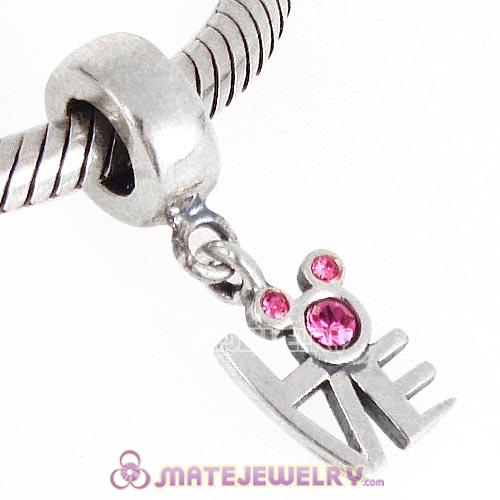 925 Sterling Silver Dangle Love Mickey Charm with Rose Austrian Crystal