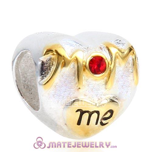 Sterling Silver Gold Plated MOM love me Heart Beads with Light Siam Austrian Crystal