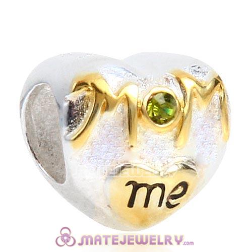 Sterling Silver Gold Plated MOM love me Heart Beads with Olivine Austrian Crystal