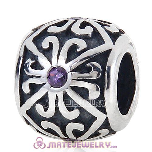 Sterling Silver European Charm Beads with Purple CZ Stone