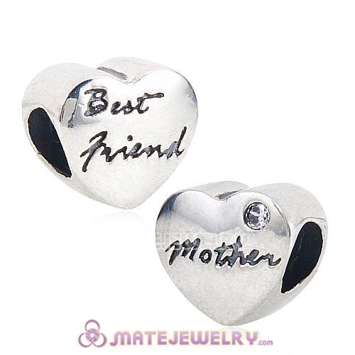 925 Sterling Silver European Mother and Best friend Heart Charms Beads with White CZ Stone
