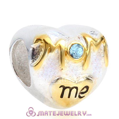 Sterling Silver Gold Plated MOM love me Heart Beads with Aquamarine Austrian Crystal