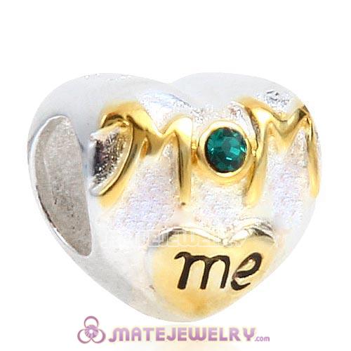 Sterling Silver Gold Plated MOM love me Heart Beads with Emerald Austrian Crystal