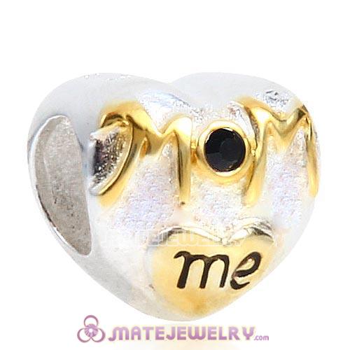 Sterling Silver Gold Plated MOM love me Heart Beads with Jet Austrian Crystal