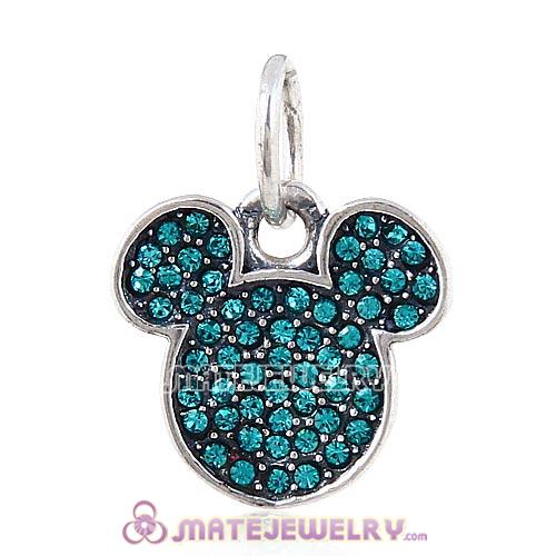 Sterling Silver Sparkling Mickey Head Pave with Blue Zircon Austrian Crystal Dangle Charm Beads