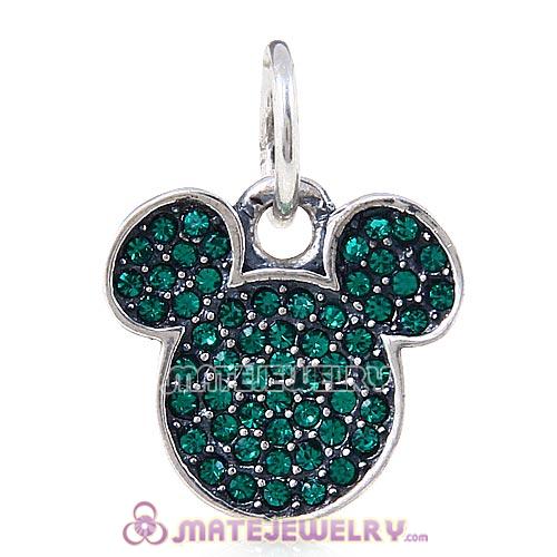 Sterling Silver Sparkling Mickey Head Pave with Emerald Austrian Crystal Dangle Charm Beads
