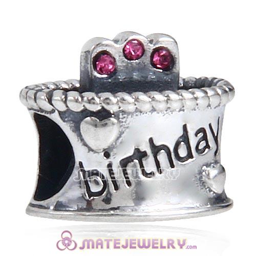 European Antique Sterling Silver Birthday Cake Charm Beads with Rose Austrian Crystal