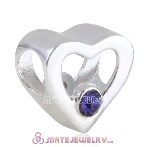 Sterling Silver European Hollow Heart Beads with Tanzanite Austrian Crystal