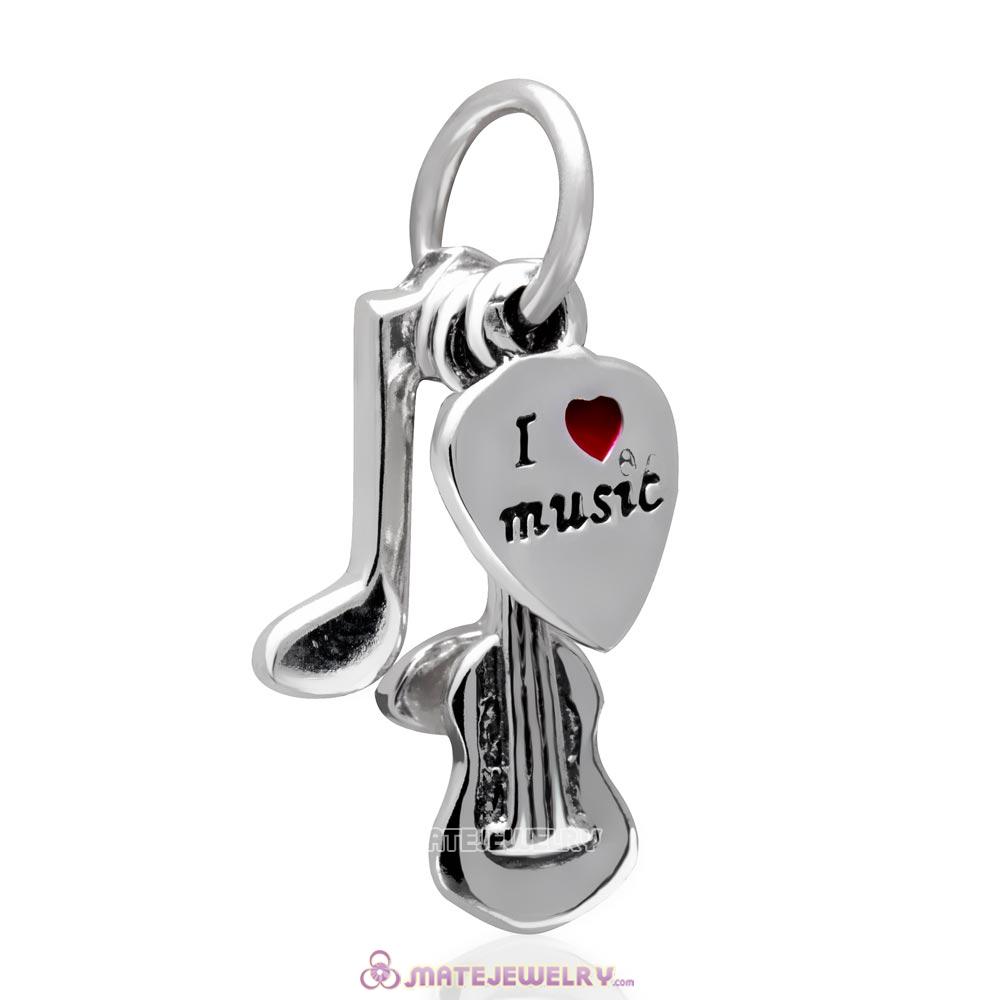 New Style 925 Sterling Silver I Love Music with Red Enamel Charm Bead