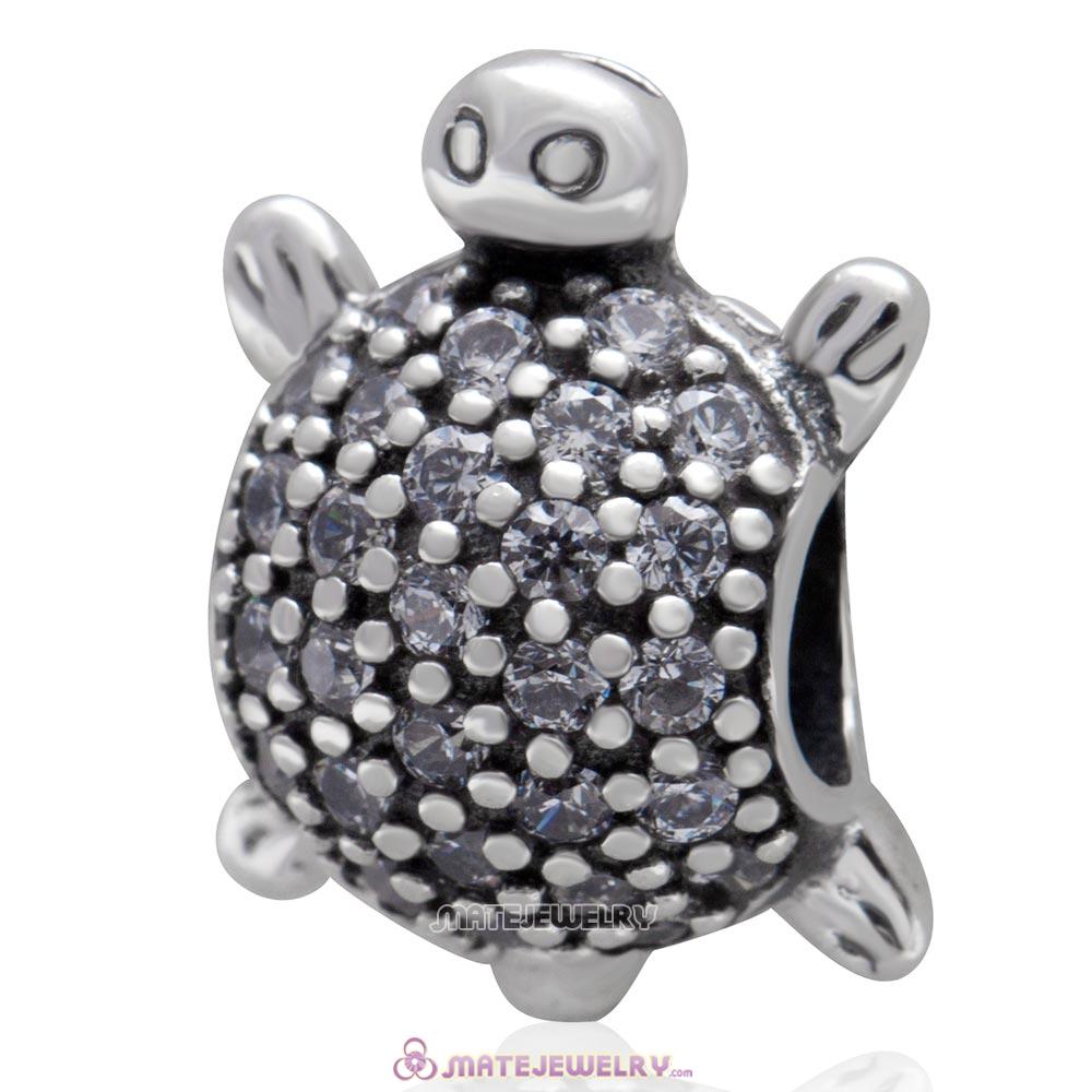 Sea Turtle Charm With Pave Clear CZ 925 Sterling Silver Bead 