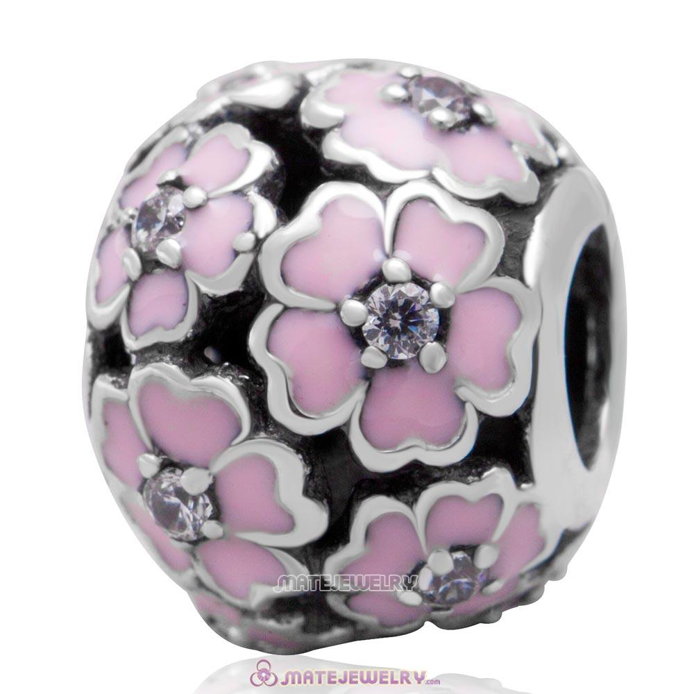 925 Sterling Silver Primrose Meadow with Pink Enamel White CZ Charm Bead