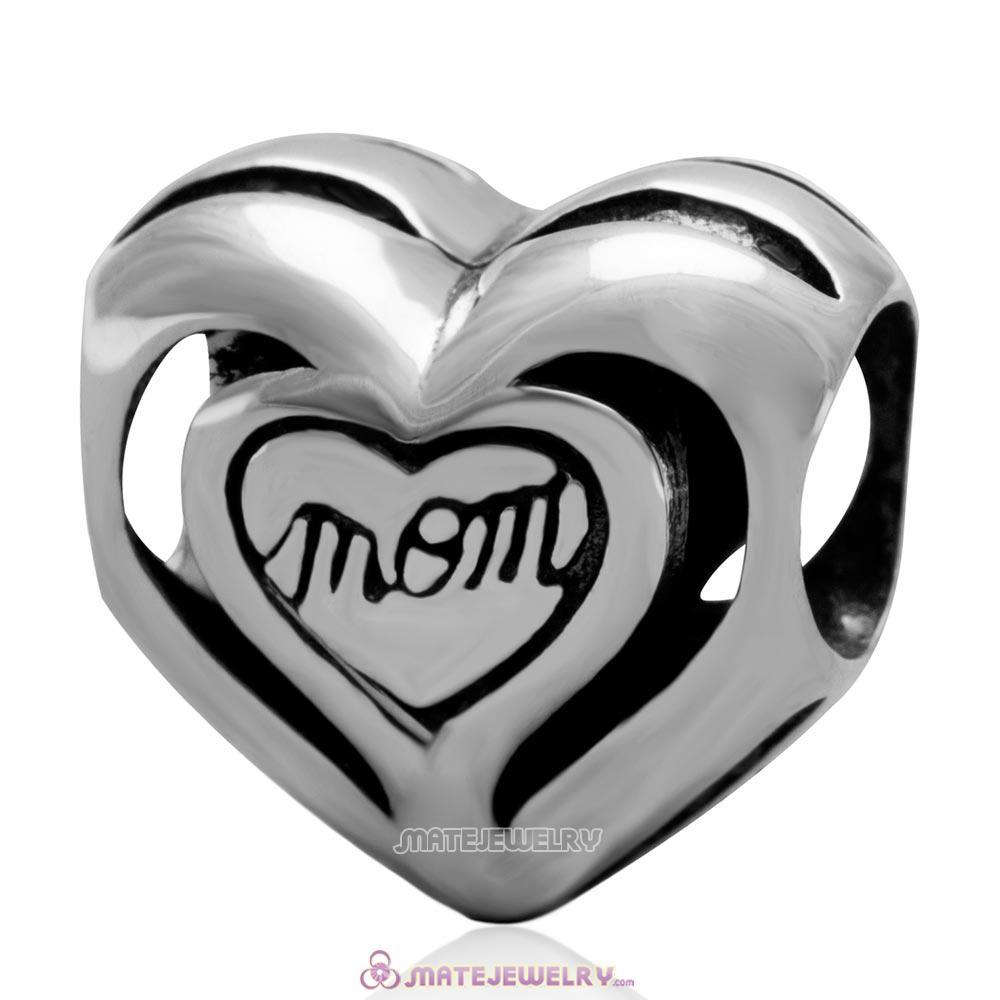 925 Sterling Silver Love Mom Heart Charm Bead for Mother