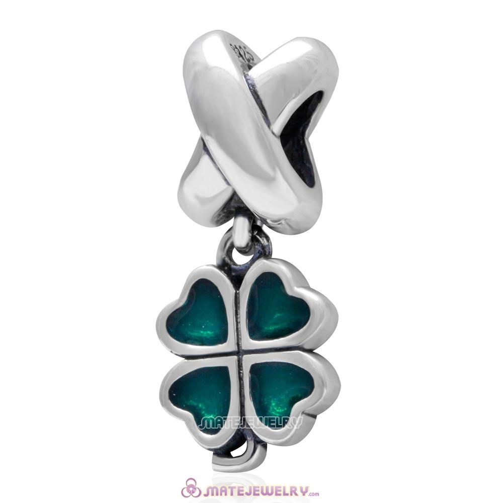 Green Four-leaf Clover Dangle Charm 925 Sterling Silver Bead