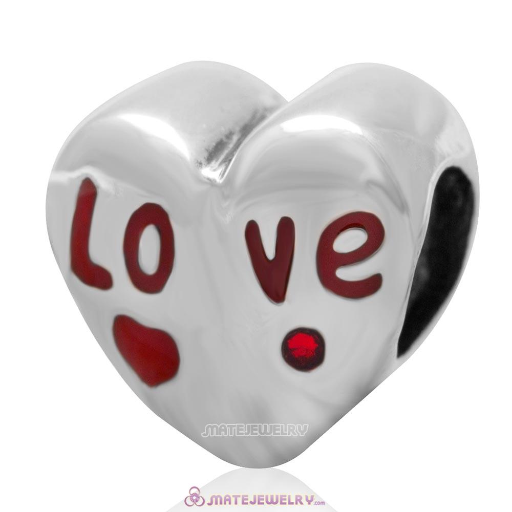 Love Charm 925 Sterling Silver Enamel Heart Bead with Light Siam Australian Crystal
