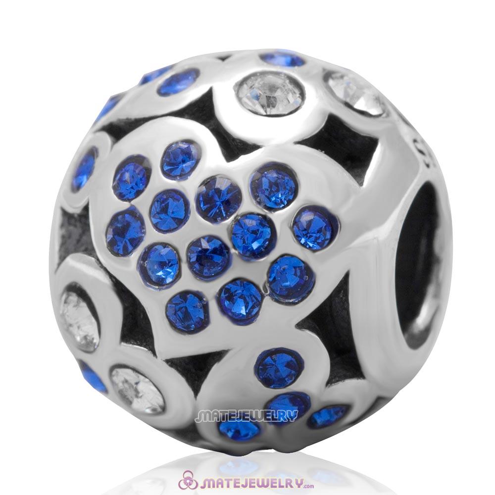 Sterling Silver Love Heart Charm Bead with Pave Sapphire Australian Crystal