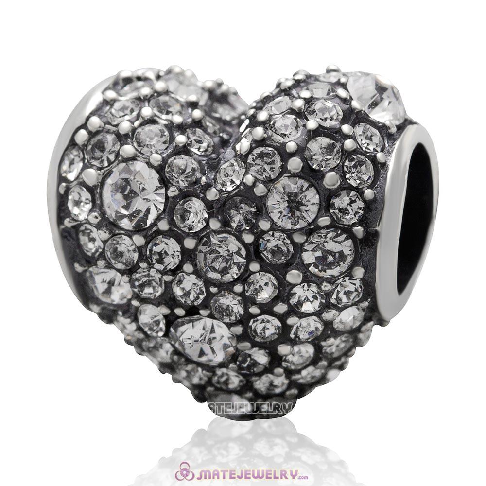 Sterling Silver Clear Pave Heart Charm With Sparkling Clear Austrian Crystal 