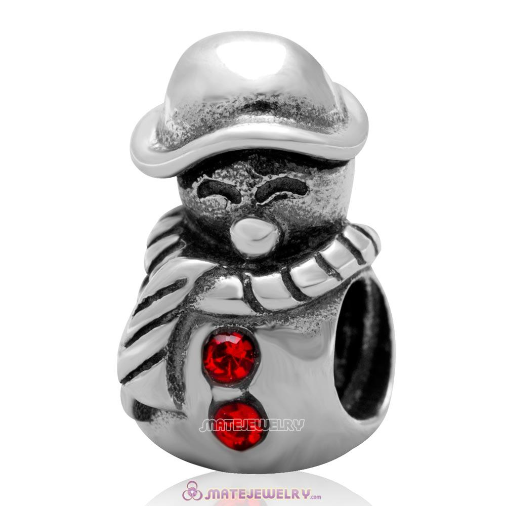 Christmas Snowman Charm Antique Sterling Silver Bead with Lt Siam Australian Crystal