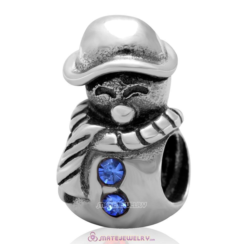 Christmas Snowman Charm Antique Sterling Silver Bead with Sapphire Australian Crystal