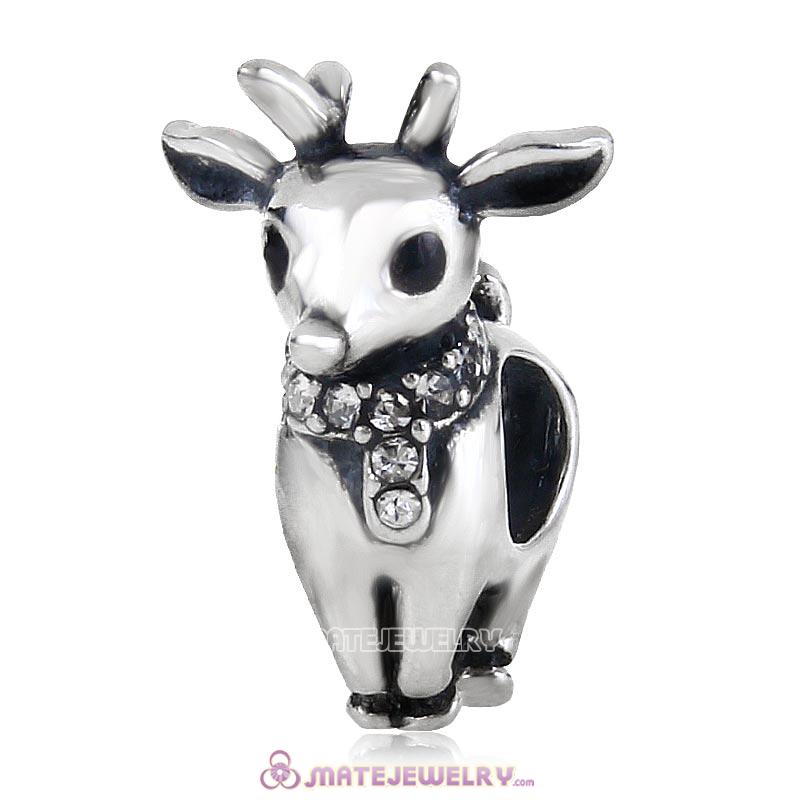 Christmas Reindeer Charm Antique Sterling Silver Bead with Clear Australian Crystal