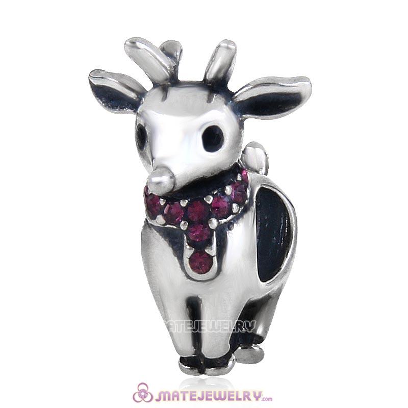 Christmas Reindeer Charm Antique Sterling Silver Bead with Amethyst Australian Crystal