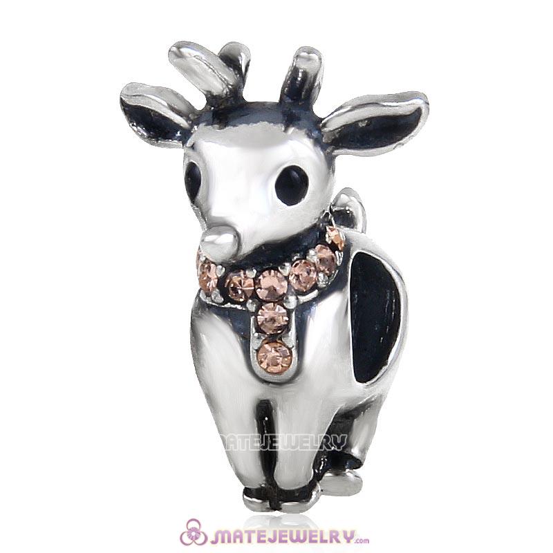 Christmas Reindeer Charm Antique Sterling Silver Bead with Light Peach Australian Crystal