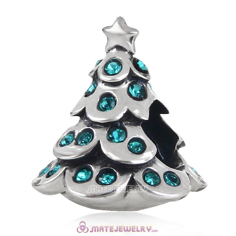 Christmas Tree Charm 925 Sterling Silver Beads with Bling Blue Zircon Australian Crystal