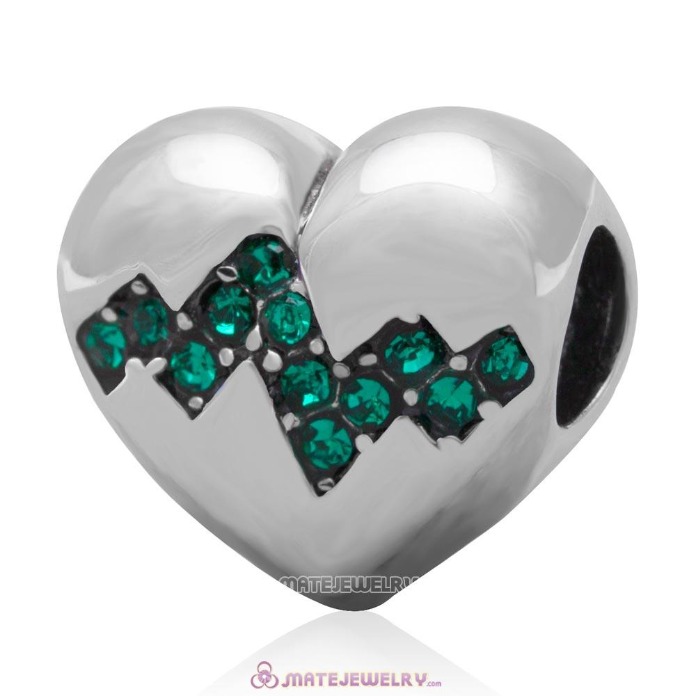 Antique Sterling Silver Heart Bead with Emerald Australian Crystal
