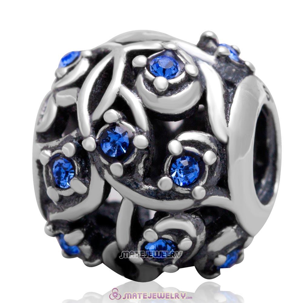European Style Rounded Sterling Silver Sapphire Austrian Crystal Initial Bead  