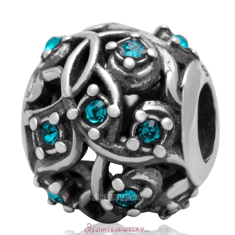 European Style Rounded Sterling Silver Blue Zircon Austrian Crystal Initial Bead  