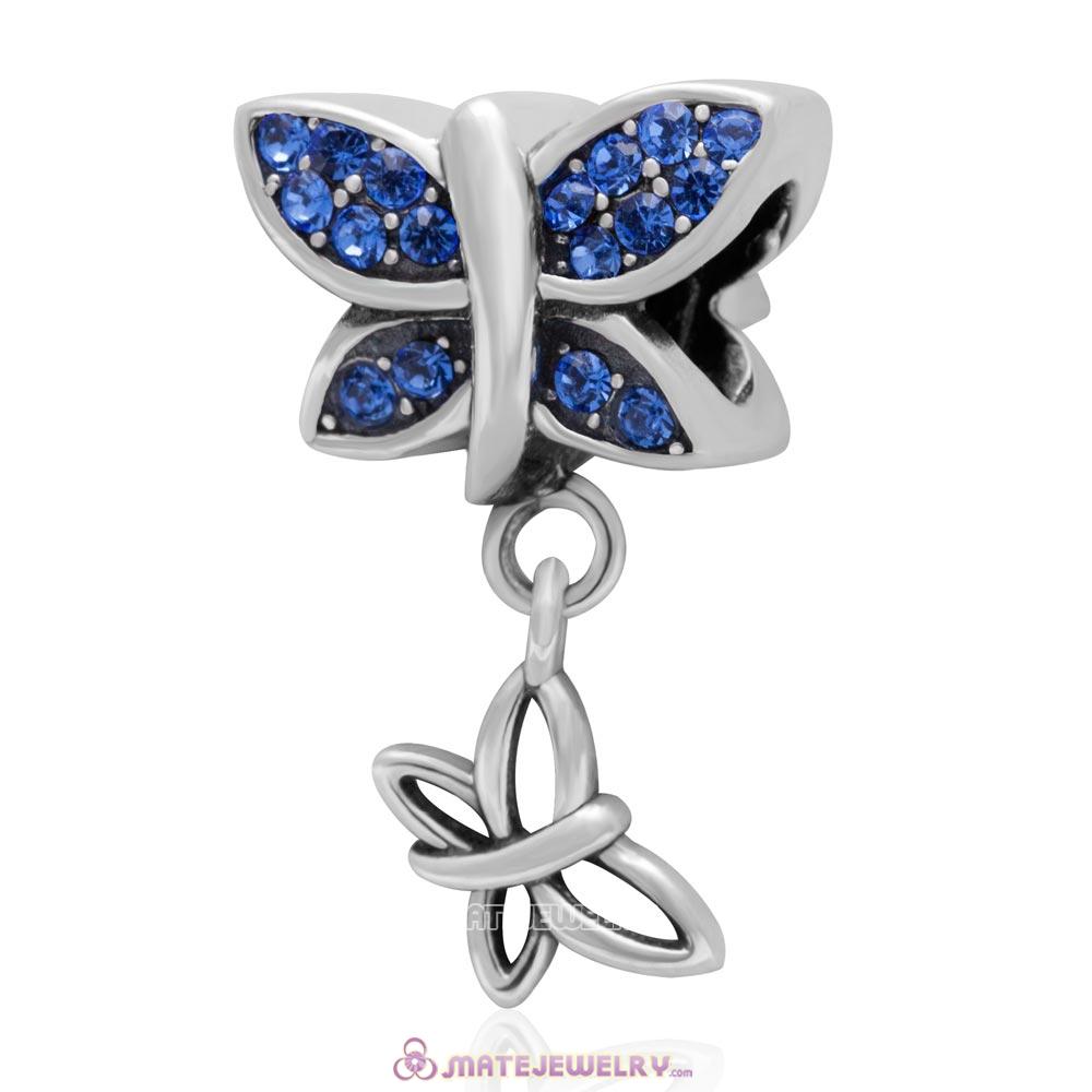 European Style Butterfly Dangling Bead 925 Sterling Silver with Pave Sapphire Australian Crystal