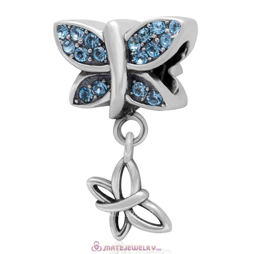 European Style Butterfly Dangling Bead 925 Sterling Silver with Pave Aquamarine Australian Crystal