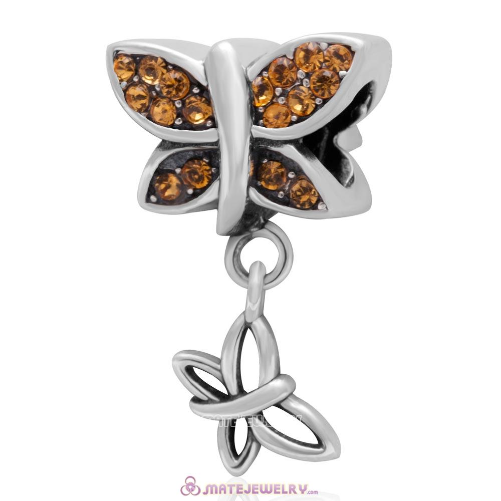 European Style Butterfly Dangling Bead 925 Sterling Silver with Pave Topaz Australian Crystal