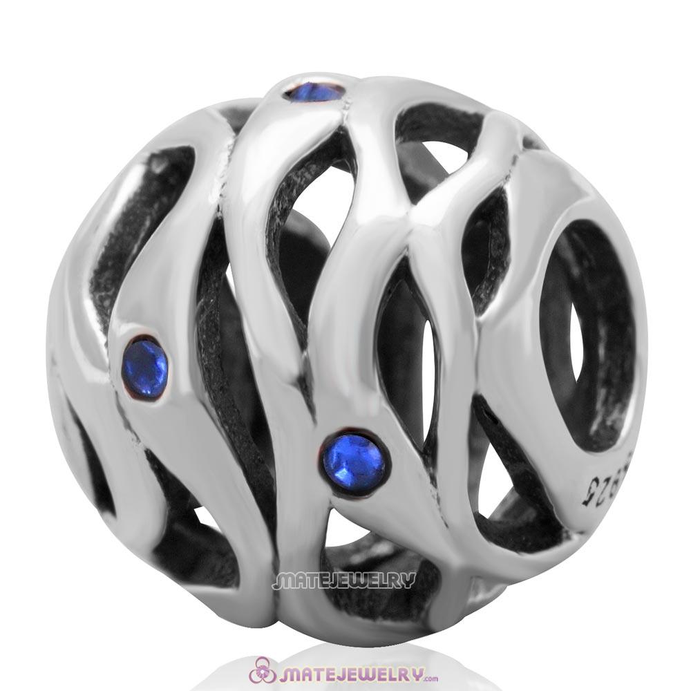 European Style Solid Antique Sterling Silver Bead with Sapphire Crystal