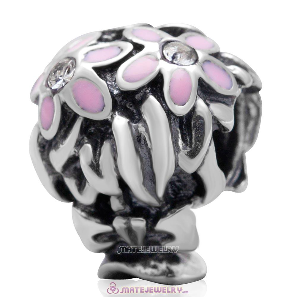 Pink Enamel Bouquet Charm 925 Sterling Silver with Clear Australian Crystal