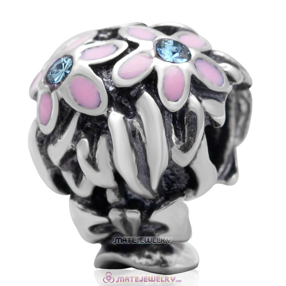 Pink Enamel Bouquet Charm 925 Sterling Silver with Aquamarine Australian Crystal