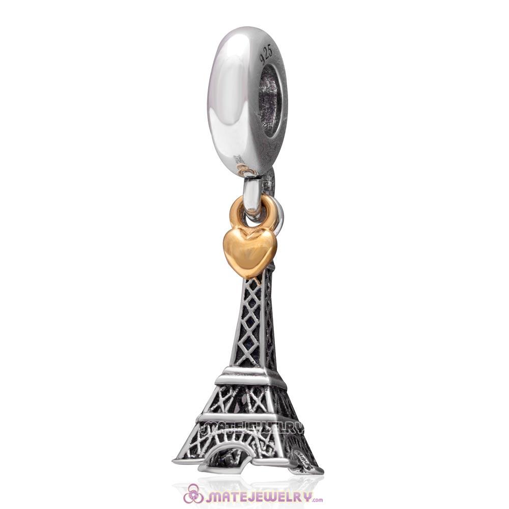 Golden Heart PARIS Eiffel Tower Dangle Charm Antique Sterling Silver 