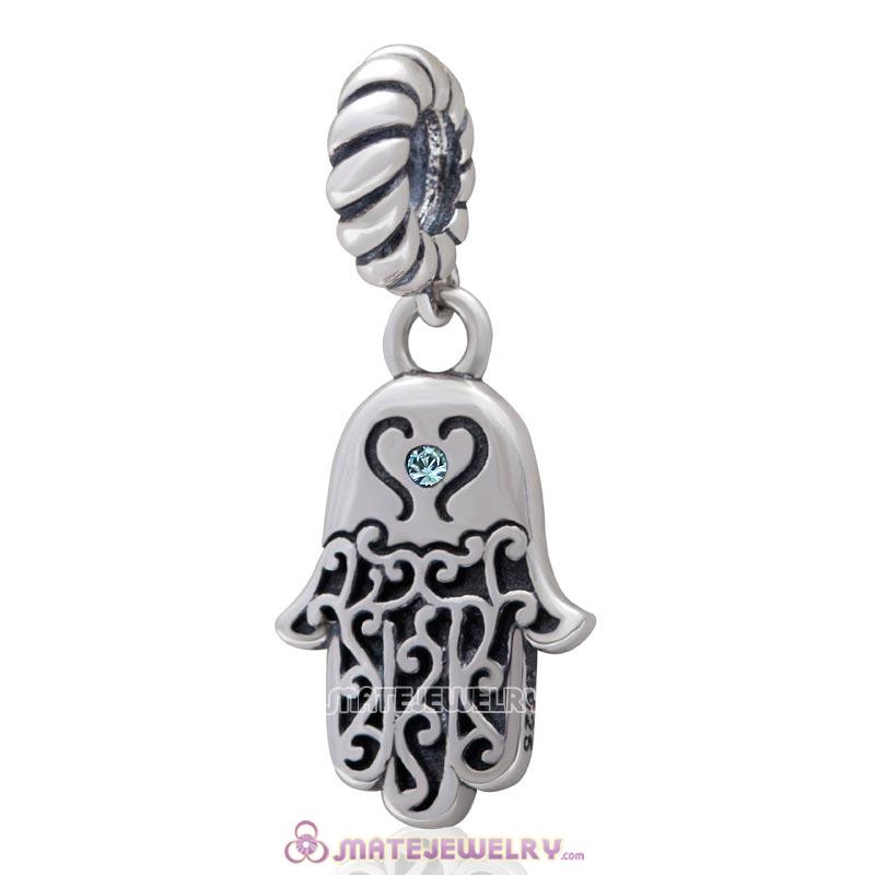Religion Faith  Hamsa Hand Antique Silver Dangle Bead with Aquamarine Crystal