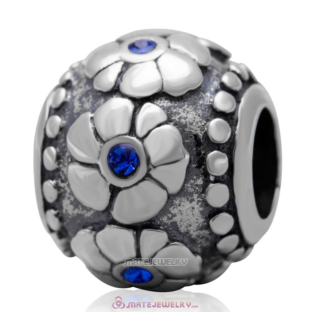 Antique Silver European Style Flower with Sapphire Australian Crystal Charm Bead