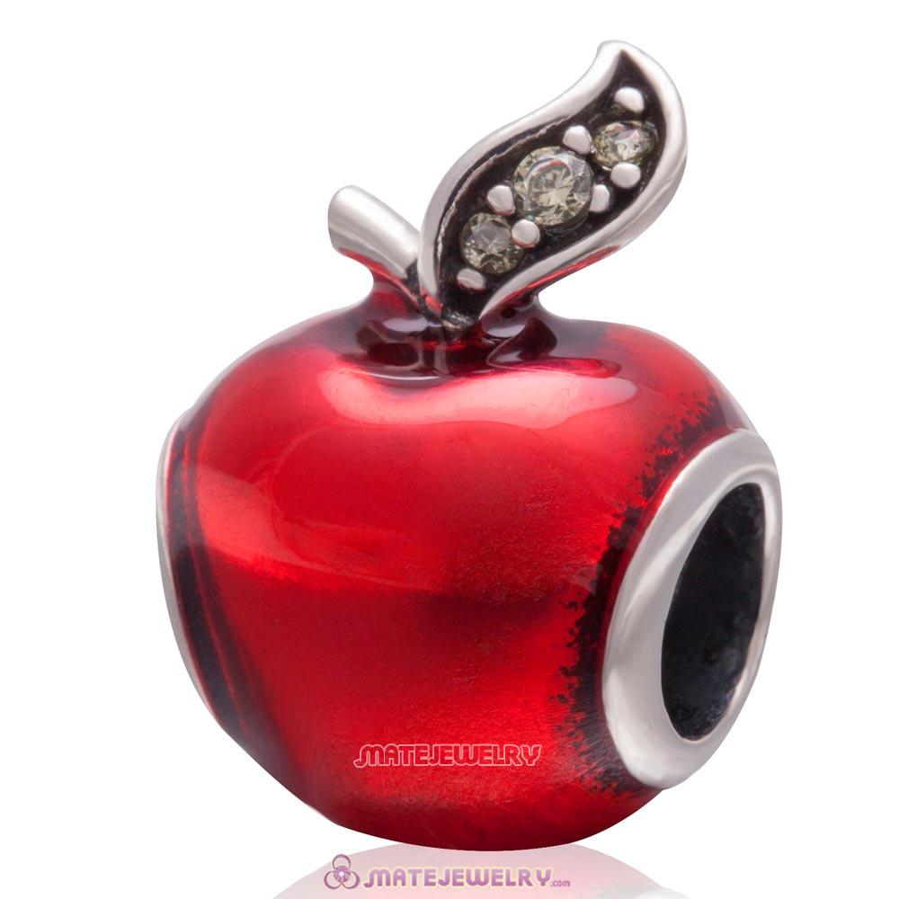 Snow White Red Apple Enamel Sterling Silver Bead Green CZ