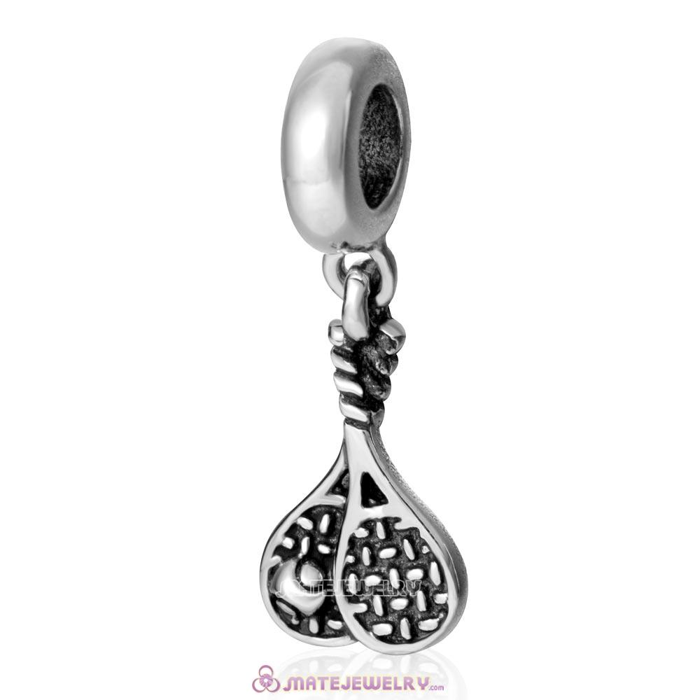 Antique Sterling Silver Tennis Ball Racket Dangle Bead Charm