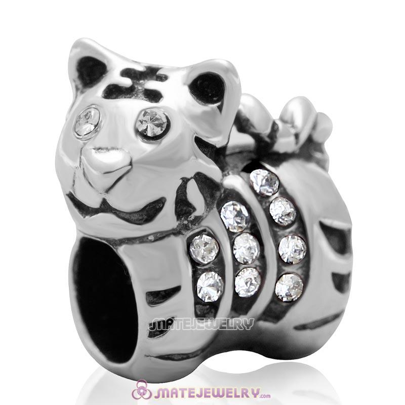 Tiger Charm Sterling Silver Beads with Clear Austrian Crystal